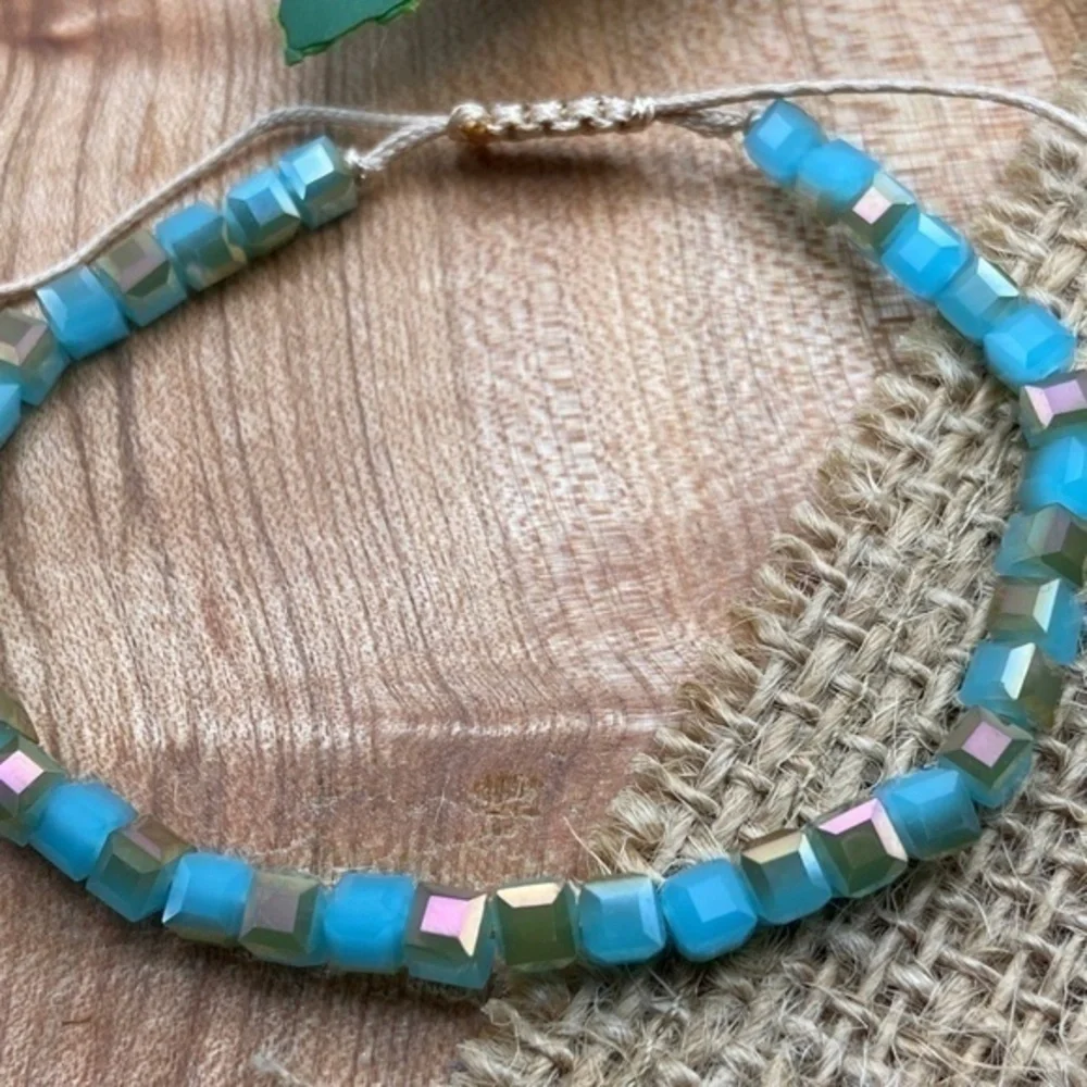 Cubic Boho Bracelet Iridescent Light Blue Tan‎ Crystal Beaded Adjustable Length